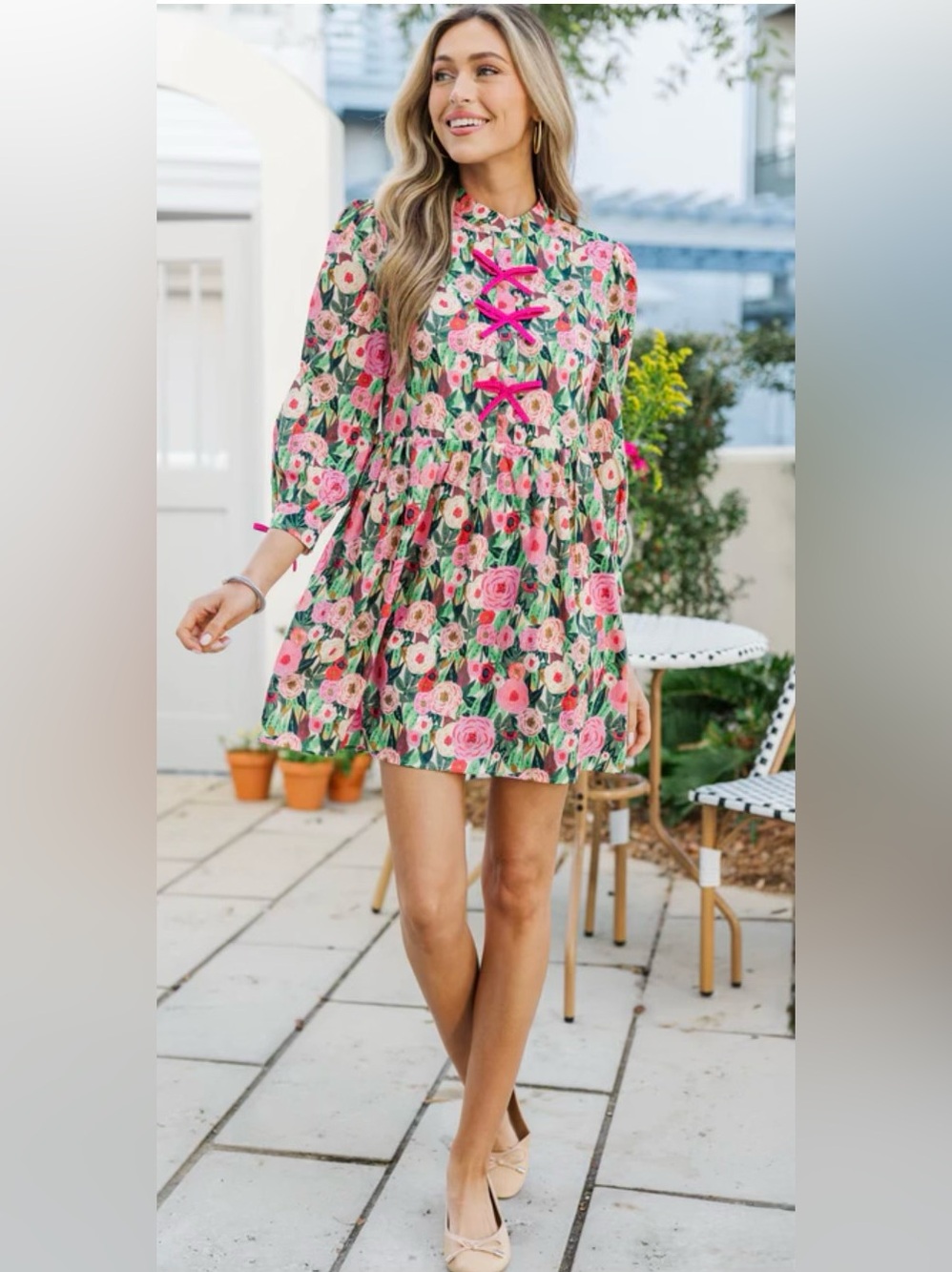 Shop The Mint Floral Bow Front Mini Dress Pink, Green, Yellow Small 3/4 Sleeves - Picture 2 of 13